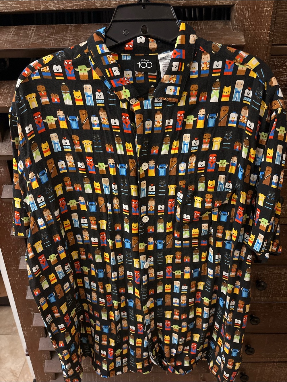 Disney Multicolor Character Print Black Short-Sleeve Button-Up Shirt